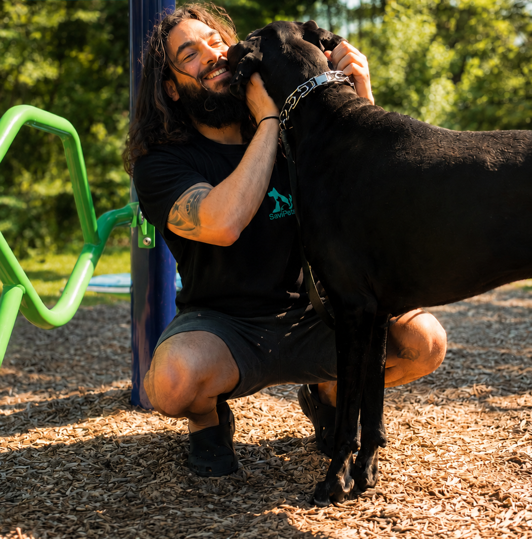 Karim, SaviPets sitter, with Bilbo